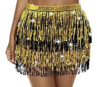 Falda de lentejuelas con borla para danza del vientre, bufanda de la cadera, festival de verano, playa, mini faldas, Mujer, negro y dorado, Talla única