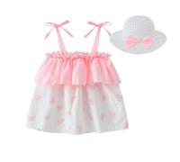 Falda de mazorca para niños Comunión Primavera Verano Niñas Atar Tirantes Off Hombro Fresa Cereza Vestido Floral y Sombrero de Sol Princesa Set (4-5 Años)