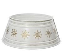 Falda de metal para árbol de Navidad, 57 x 25 cm, diseño de copos de nieve, para árboles de hasta 180 cm, cubierta para árbol de Navidad, color blanco y dorado