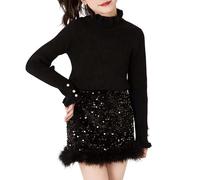 Falda de Niña con Ribete de Terciopelo y Dobladillo para Ocasiones Festivas y Diarias con Corte A y Estilo Tutú (Black, 4-5 Years)