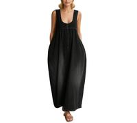 Falda de peto de cuello cuadrado para mujer, vestido largo con peto, vestido de verano, vestido informal maxi de línea A, vestido informal con bolsillo, vestido de playa básico, R negro., XL