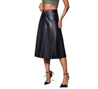 Falda De Piel Falda Acampanada de Cuero PU for Mujer, Falda Midi Lisa de Cintura Alta Retro, Falda Elegante for Mujer con cinturón(L)