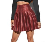 Falda de piel sintética de cintura alta con forma plisada de línea A para mujeres que prefieren una silueta definida y un estilo listo para salir por la noche (L rojo vino)