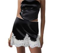 Falda De Satén para Mujer Women Satin Mini Skirts Casual Elegant Solid Color Lace Hem Skirt For Beach Vacation Party Club Going out Streetwear para Mujeres(Color-4,L)