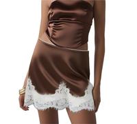 Falda De Satén para Mujer Women Satin Mini Skirts Casual Elegant Solid Color Lace Hem Skirt For Beach Vacation Party Club Going out Streetwear para Mujeres(Color-3,L)