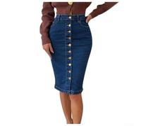 Falda de tubo mediana de cintura alta para mujer con botón frontal y división lateral, falda elástica para uso diario, vacaciones, club, color sólido, longitud regular (XL azul)
