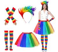 Falda de tul arcoiris para mujer, Disfraz de arcoíris para mujer, Arcoiris retro 80s tutu, con Diademas De Plumas Arco Iris, Calcetines Hasta la Rodilla, Guantes sin Dedos, Para Carnaval Fiesta