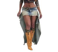 Falda de tul larga Carnaval Street Moda Europea Americana Ropa de Mujer Retro Lavado Degradado Ranura Botón Costura Dos Faldas Largas Irregulares, azul, M