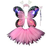 Falda de tul para niños, rosa, disfraz de mariposa, disfraz de hada, carnaval, 4 piezas, falda de tul, alas coloridas, varita mágica y diadema, disfraz de hada, disfraz infantil para fiesta de