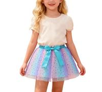 Falda de tutú con estrellas con arco iris con lentejuelas, tela de malla, actuación de baile, disfraz de fiesta, disfraz de ballet, tul, delantal con purpurina, cintura elástica, azul celeste, 5-8
