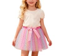 Falda de tutú con estrellas con arco iris con lentejuelas, tela de malla, actuación de baile, disfraz de fiesta, disfraz de ballet, tul, delantal con purpurina, cintura elástica, Rosa., 5-8 años