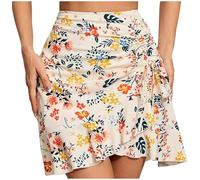 Falda de verano elegante para mujer, con flores, con volantes, falda de verano, minifalda con cordón, amarillo, L