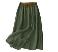 Falda de verano para mujer ligera y aireada - Elegante falda midi de línea A con bordados, bolsillos - Algodón y lino - Falda de ocio, Verde militar., L