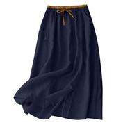 Falda de verano para mujer ligera y aireada - Elegante falda midi de línea A con bordados, bolsillos - Algodón y lino - Falda de ocio, marine, L