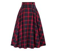 Falda Escocesa Mujer, Falda Midi Mujer Cintura Alta Elástica Botones De Doble Botonadura Retro Moda Plisada Skirt Elegante Cómodos Casuales Skirts A Cuadros Larga Para Vacaciones Playa Casual
