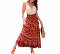 Falda Flamenca Mujer Moda Estilo Bohemio Falda Larga de Cintura Alta con Estampado para Mujer Cintura Elástica Cómodo Boho Faldas Maxi hasta El Tobillo Casual Falda Rociera Primavera Verano