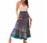 Falda Flamenca Mujer Moda Estilo Bohemio Falda Larga de Cintura Alta con Estampado para Mujer Cintura Elástica Cómodo Boho Faldas Maxi hasta El Tobillo Casual Falda Rociera Primavera Verano