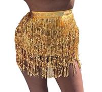 Falda Flecos Women's Sequin Belly Dance Waist Chain Halter Skirt(Gold)