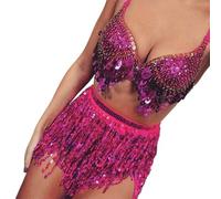 Falda Flecos Women's Sequin Belly Dance Waist Chain Halter Skirt(Pink)