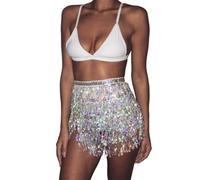Falda Flecos Women's Sequin Belly Dance Waist Chain Halter Skirt(Silver)