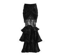 Falda gótica de terciopelo con cola de pez, ajustada, con parche de encaje grunge, larga, negra(Black_M)