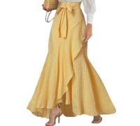 Falda larga Chouyatou para mujer, estilo sirena, informal, con estampado de cuadros, de línea A, con volantes irregulares en el dobladillo, cola de pescado, cuadros amarillo , XL