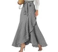 Falda larga Chouyatou para mujer, estilo sirena, informal, con estampado de cuadros, de línea A, con volantes irregulares en el dobladillo, cola de pescado, Negro (Plaid Black), M