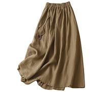 Falda larga de algodón y lino para mujer con bolsillos laterales, cintura elástica, estilo retro, vintage, bohemio, maxi faldas, talla color sólido, #62, L