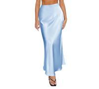Falda larga de satén para mujer, cintura alta, cinturilla elástica, de seda, línea A, color liso, estilo casual para fiesta, azul celeste, M