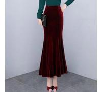 Falda larga de terciopelo microelástico para mujer con corte de sirena delgado y estilo de cintura alta para atuendos casuales diarios (2XL rojo vino)