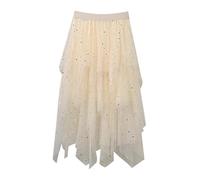 Falda larga de tul para mujer con lentejuelas brillantes de estrella y lentejuelas de varias capas, diseño de líneas altas y bajas, cintura elástica para ocasiones festivas, beige, L