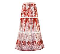 Falda larga de tul para mujer, estilo bohemio, con estampado floral, elástica, cintura alta, volantes plisados, faldas largas fluidas, rojo, Talla única