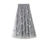 Falda larga elegante de tul para mujer/faldas Longuette Vintage Casual de cintura alta con bordado floral 3D de cintura alta A/Line Falda plisada Rockabilly Swing Capas Vestido Largo Plisado de Tul