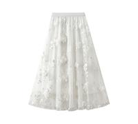Falda larga elegante de tul para mujer/faldas Longuette Vintage Casual de cintura alta con bordado floral 3D de cintura alta A/Line Falda plisada Rockabilly Swing Capas Vestido Largo Plisado de Tul