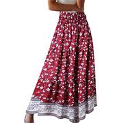 Falda larga Faldas Boho Plisado Plus Moda Tamaño Mujeres Estampado Floral Falda Verano Falda Vaquera Señoras Hasta La Rodilla A Línea, rojo, M