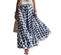 Falda Larga Mujer,Faldas Mujer Elegantes a Cuadros Vichy Cintura Elástica Corte Acampanado Falda Maxi con Vuelo Casual Fresco Ligero Faldas Verano de Playa Vacaciones Uso Diario