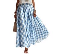 Falda Larga Mujer,Faldas Mujer Elegantes a Cuadros Vichy Cintura Elástica Corte Acampanado Falda Maxi con Vuelo Casual Fresco Ligero Faldas Verano de Playa Vacaciones Uso Diario