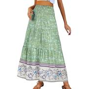 Falda larga para mujer bohemia, falda para mujer, media larga, con estampado floral, étnico, cintura elástica alta y corte fluido, estilo chic y elegante para verano, playa y looks casuales, Verde83