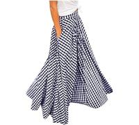 Falda larga para mujer, con dobladillo grande, a cuadros, cintura alta, para fiesta, acampanada, dobladillo grande, con bolsillos, azul, M
