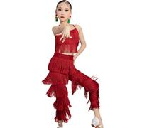 Falda Latina con Borlas para Niñas (Top + Pantalón) Trajes de Salón para Salsa Samba Baile de Salón Vestidos con Flecos para Práctica Ropa de Baile de Competición de Tango Y Samba para Niños Moderna