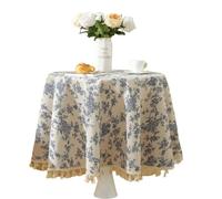 Falda Mesa Camilla Mantel de algodón y lino floral con borla, cubierta redonda para mesa de comedor, mantel de té para fiestas (Tassel Edge, Diameter 90cm)