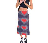 Falda midi de cintura alta con estampado de corazón para mujer E-Girl 90S Harajuku A-Line Bodycon largo lápiz falda gótica Y2K Streetwear