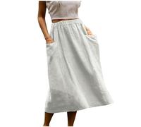 Falda midi de lino y algodón para mujer, falda de verano casual de cintura alta elástica con bolsillos, My Orders Today's Deals 2025 Sale Liquidación por debajo de la rodilla faldas para mujer, blanco
