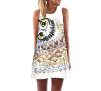 Falda Midi de Verano para Mujer Bohemia Floral con Búho Gráfico Sin Mangas Cuello Redondo Vestidos de Playa Línea A