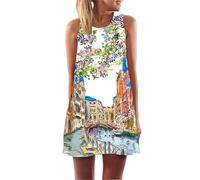 Falda Midi de Verano para Mujer Bohemia Floral con Búho Gráfico Sin Mangas Cuello Redondo Vestidos de Playa Línea A