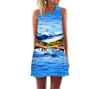 Falda Midi de Verano para Mujer Bohemia Floral con Búho Gráfico Sin Mangas Cuello Redondo Vestidos de Playa Línea A
