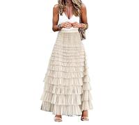 Falda Midi Elástica de Cintura Alta con Capas de Volantes para Mujer Verano Casual Sólido Ligero una Línea Acampanada Falda Midi (Color : Beige, Size : M)
