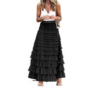 Falda Midi Elástica de Cintura Alta con Capas de Volantes para Mujer Verano Casual Sólido Ligero una Línea Acampanada Falda Midi (Color : Black, Size : M)