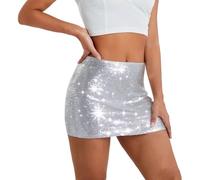Falda Mujer Carnaval - Falda Ajustada con Lentejuelas Y Cintura Elástica Minifalda Brillante para Fiestas con Banda Elástica para Salir por La Noche (Silver XS)