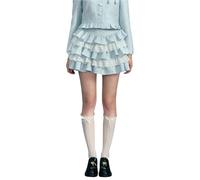 Falda Mujer Women S Tartan Checkered Pleated Mini Skirts with High Waistband and Lace Detailing(Blue,XL)